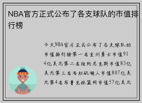 NBA官方正式公布了各支球队的市值排行榜