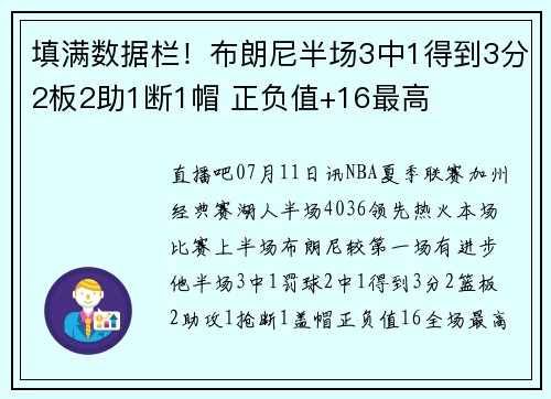 填满数据栏！布朗尼半场3中1得到3分2板2助1断1帽 正负值+16最高